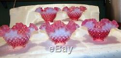 Three (3) FENTON Cranberry Opalescent Hobnail Torchier or Sconce Lamp Shades