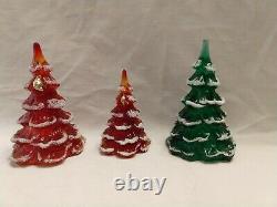 Three Fenton Art Glass Christmas Trees, 2 Amberlina red & patridge, 1 greenNOS