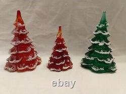 Three Fenton Art Glass Christmas Trees, 2 Amberlina red & patridge, 1 greenNOS