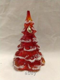 Three Fenton Art Glass Christmas Trees, 2 Amberlina red & patridge, 1 greenNOS