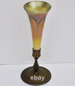 Tiffany Studios Bronze and Favrile LCT Feather Pulled Trumpet Vase