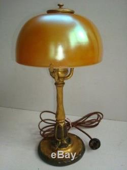 Tiffany Studios Desk Lamp With Gold Favrile Art Glass Shade Both Signed
