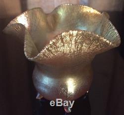 Tiffany Studios Favrile Art Glass 4Legged Vase Authentic Signed Gold Antique LCT