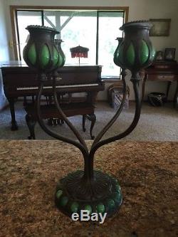 Tiffany Studios Four Light Green Glass and Bronze Candlestick / Candelabra