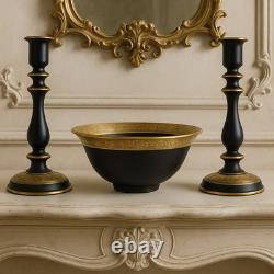 Tiffin Black Satin Glass Bowl and Candlesticks Set Gold Amethyst Etched