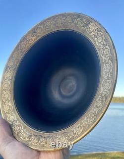 Tiffin Black Satin Glass Bowl and Candlesticks Set Gold Amethyst Etched