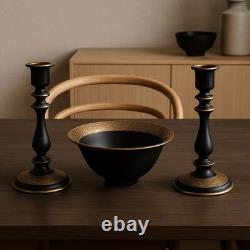 Tiffin Black Satin Glass Bowl and Candlesticks Set Gold Amethyst Etched