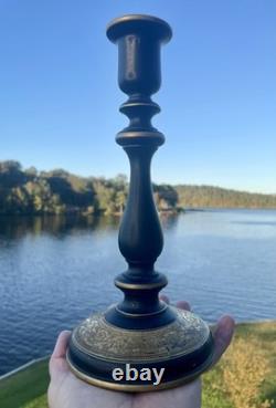 Tiffin Black Satin Glass Bowl and Candlesticks Set Gold Amethyst Etched