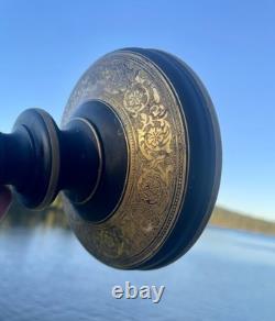 Tiffin Black Satin Glass Bowl and Candlesticks Set Gold Amethyst Etched