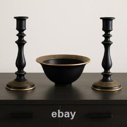 Tiffin Black Satin Glass Bowl and Candlesticks Set Gold Amethyst Etched