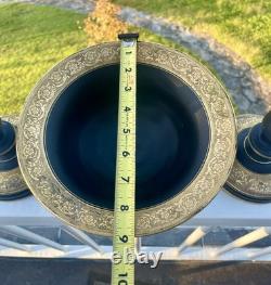 Tiffin Black Satin Glass Bowl and Candlesticks Set Gold Amethyst Etched