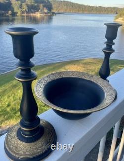 Tiffin Black Satin Glass Bowl and Candlesticks Set Gold Amethyst Etched