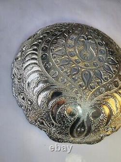 Turkish Art Glass Circle Bowl Gold, Blue, Silver and Gold Plated Reverse 14 inch