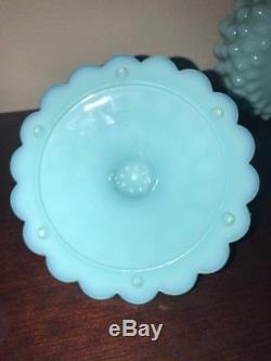 Turquoise Blue Milk Glass Fenton Milk Glass Hobnail Candy Dish with Lid