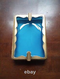 Turquoise Murano Opaline rectangular ashtray with brass trim