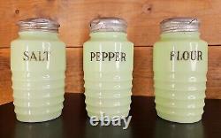 URANIUM GLASS 30'S BAKELITE SALT, PEPPER & FLOUR SHAKER SET depression