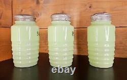 URANIUM GLASS 30'S BAKELITE SALT, PEPPER & FLOUR SHAKER SET depression