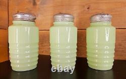 URANIUM GLASS 30'S BAKELITE SALT, PEPPER & FLOUR SHAKER SET depression