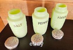 URANIUM GLASS 30'S BAKELITE SALT, PEPPER & FLOUR SHAKER SET depression