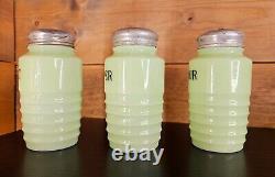 URANIUM GLASS 30'S BAKELITE SALT, PEPPER & FLOUR SHAKER SET depression