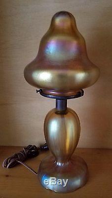 Unique Steuben Gold Aurene Twist Base And Highly Iridescent Pyramid Shade