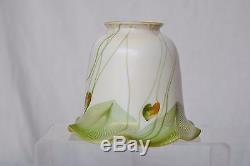 Unusual Quezal Hanging Heart and Pulled Feather Art Glass Shade for Handel Harp