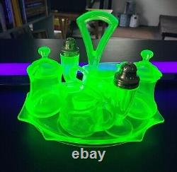 Uranium Glass Lot 7 Pieces Serving Tray Creamer Sugar Salt Pepper 2 Covered Jars