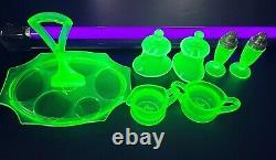 Uranium Glass Lot 7 Pieces Serving Tray Creamer Sugar Salt Pepper 2 Covered Jars