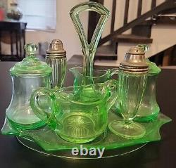 Uranium Glass Lot 7 Pieces Serving Tray Creamer Sugar Salt Pepper 2 Covered Jars