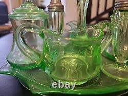 Uranium Glass Lot 7 Pieces Serving Tray Creamer Sugar Salt Pepper 2 Covered Jars