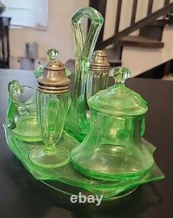 Uranium Glass Lot 7 Pieces Serving Tray Creamer Sugar Salt Pepper 2 Covered Jars