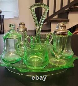 Uranium Glass Lot 7 Pieces Serving Tray Creamer Sugar Salt Pepper 2 Covered Jars