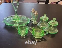 Uranium Glass Lot 7 Pieces Serving Tray Creamer Sugar Salt Pepper 2 Covered Jars