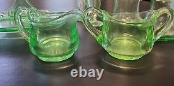 Uranium Glass Lot 7 Pieces Serving Tray Creamer Sugar Salt Pepper 2 Covered Jars