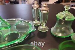 Uranium Glass Lot 7 Pieces Serving Tray Creamer Sugar Salt Pepper 2 Covered Jars