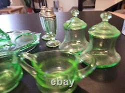 Uranium Glass Lot 7 Pieces Serving Tray Creamer Sugar Salt Pepper 2 Covered Jars