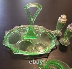 Uranium Glass Lot 7 Pieces Serving Tray Creamer Sugar Salt Pepper 2 Covered Jars