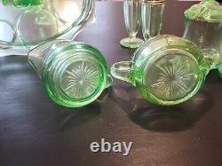 Uranium Glass Lot 7 Pieces Serving Tray Creamer Sugar Salt Pepper 2 Covered Jars