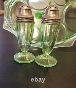 Uranium Glass Lot 7 Pieces Serving Tray Creamer Sugar Salt Pepper 2 Covered Jars