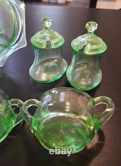 Uranium Glass Lot 7 Pieces Serving Tray Creamer Sugar Salt Pepper 2 Covered Jars