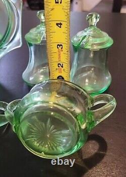 Uranium Glass Lot 7 Pieces Serving Tray Creamer Sugar Salt Pepper 2 Covered Jars