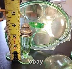 Uranium Glass Lot 7 Pieces Serving Tray Creamer Sugar Salt Pepper 2 Covered Jars