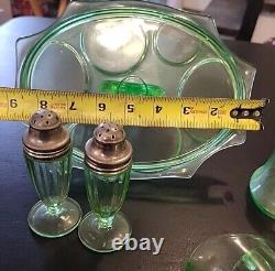 Uranium Glass Lot 7 Pieces Serving Tray Creamer Sugar Salt Pepper 2 Covered Jars