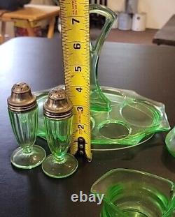 Uranium Glass Lot 7 Pieces Serving Tray Creamer Sugar Salt Pepper 2 Covered Jars