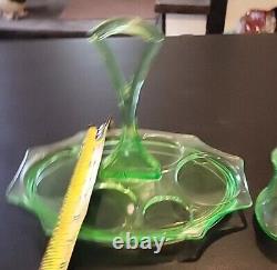 Uranium Glass Lot 7 Pieces Serving Tray Creamer Sugar Salt Pepper 2 Covered Jars