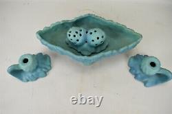 VAN BRIGGLE Pottery Turquoise Acorn Console Bowl Candlesticks Flower Frog 4 Set