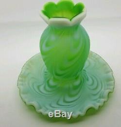 VERY RARE Fenton Glass Lime Green Opalescent Satin Swirled Feather Fairy Lamp