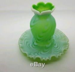 VERY RARE Fenton Glass Lime Green Opalescent Satin Swirled Feather Fairy Lamp