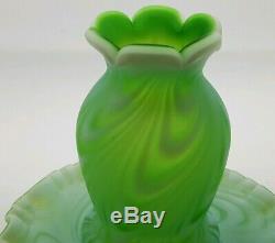 VERY RARE Fenton Glass Lime Green Opalescent Satin Swirled Feather Fairy Lamp