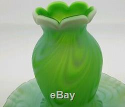 VERY RARE Fenton Glass Lime Green Opalescent Satin Swirled Feather Fairy Lamp